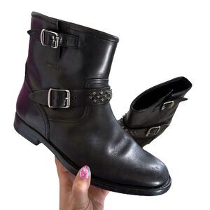 Saint Laurent Ankle Buckle Studded Leather Boots Black Size 37 US 7